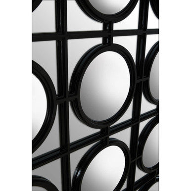 Telese black decorative wall mirror with black-framed circular reflective panels in a geometric grid pattern wall mirror