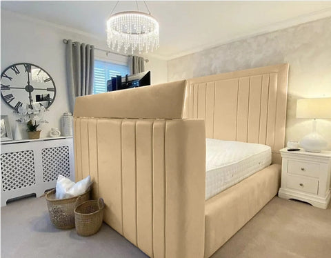Beige upholstered telly bed with vertical tufted panels and matching headboard fits small double beds and tvs