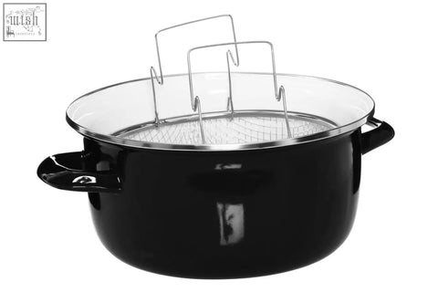 Telo black deep fryer with black enamel pot, clear glass lid, and stainless steel wire rack insert for easy frying