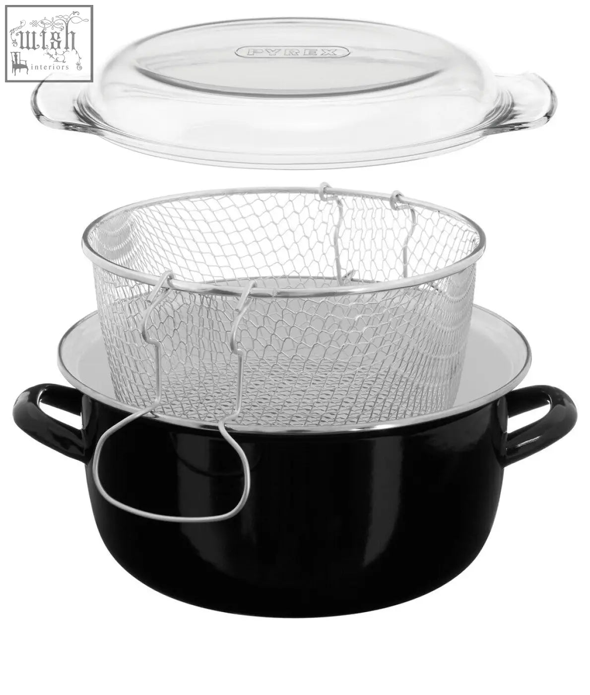 Telo black deep fryer with enamel pot clear glass lid and silver wire mesh fryer basket inside