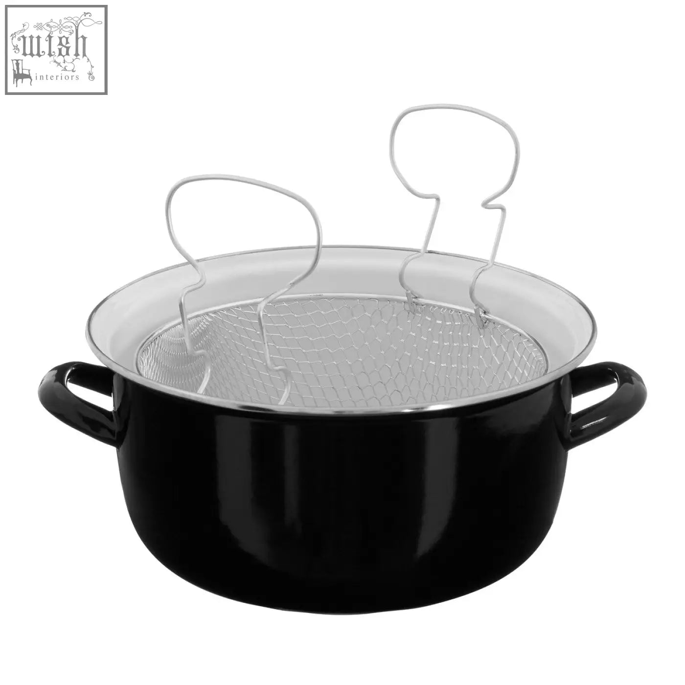Black deep fryer featuring a black enamel pot and silver wire mesh strainer with dual handle supports