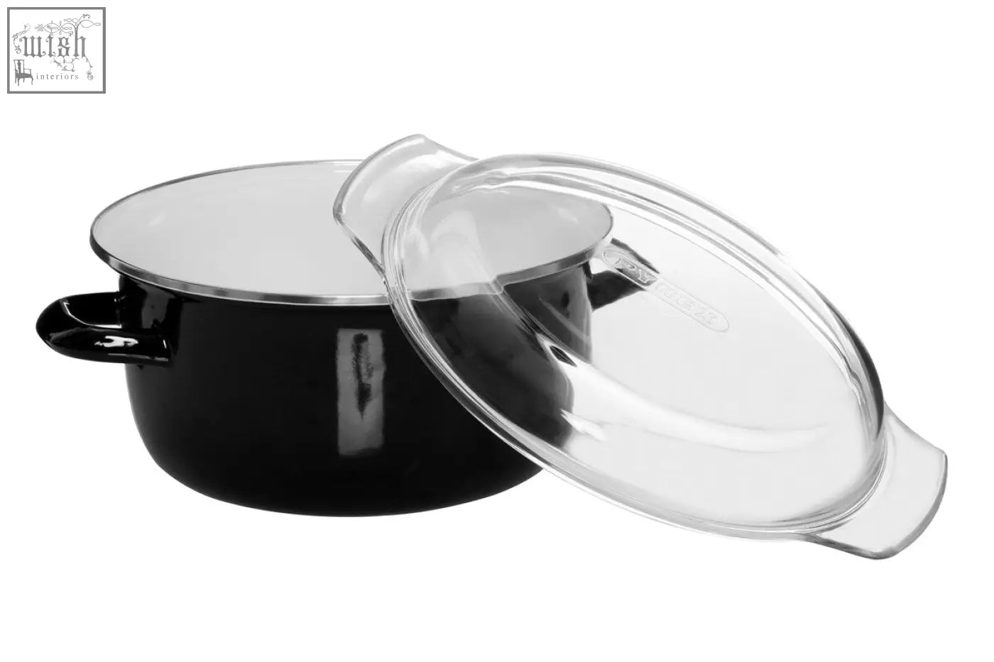 Black deep fryer telo with enameled pot and clear glass lid featuring silver rim and side handles for easy frying