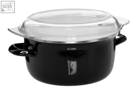 Black deep fryer telo with enamel pot, clear glass lid, silver rim, and two black handles for easy frying