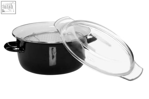 Black deep fryer enameled pot with clear glass lid and internal wire rack for easy frying use