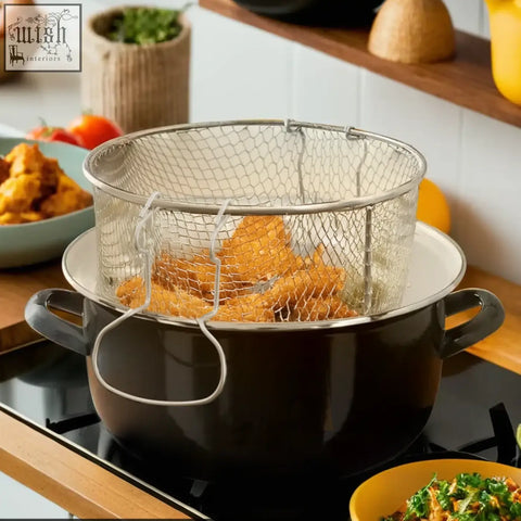 Stainless steel mesh frying basket with sturdy handle inside telo black deep fryer pot on stovetop black deep fryer