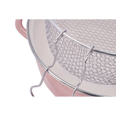 Pink ceramic telo pink deep fryer colander with stainless steel mesh strainer and curved handles for easy frying