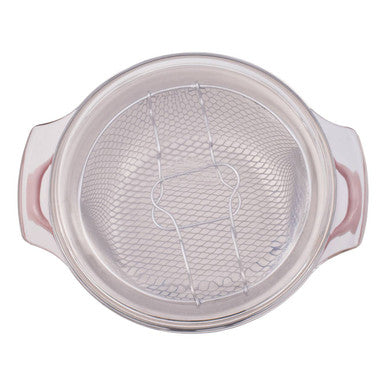 Clear glass telo pink deep fryer bowl with pink handles and metal mesh insert for easy frying