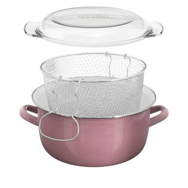 Pink deep fryer telo pink with enamel-coated pot, clear glass lid, and nested stainless steel strainer for easy frying