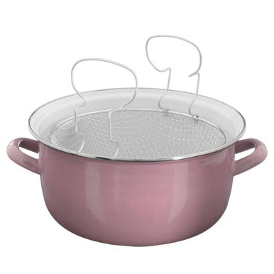 Pink deep fryer telo pink with enamel coating clear glass lid and two wire mesh steamer inserts for versatile cooking