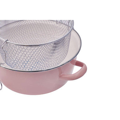 Pink enamel telo pink deep fryer with a silver mesh strainer resting on top for easy frying and draining