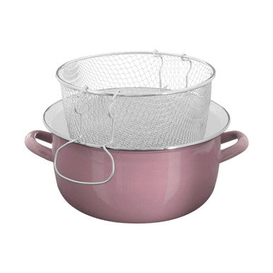 Pink enamel telo pink deep fryer with wire mesh strainer for easy frying and draining