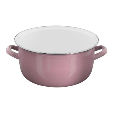 A telo pink deep fryer featuring a sleek matte pink enamel pot with white interior and silver rim perfect for frying