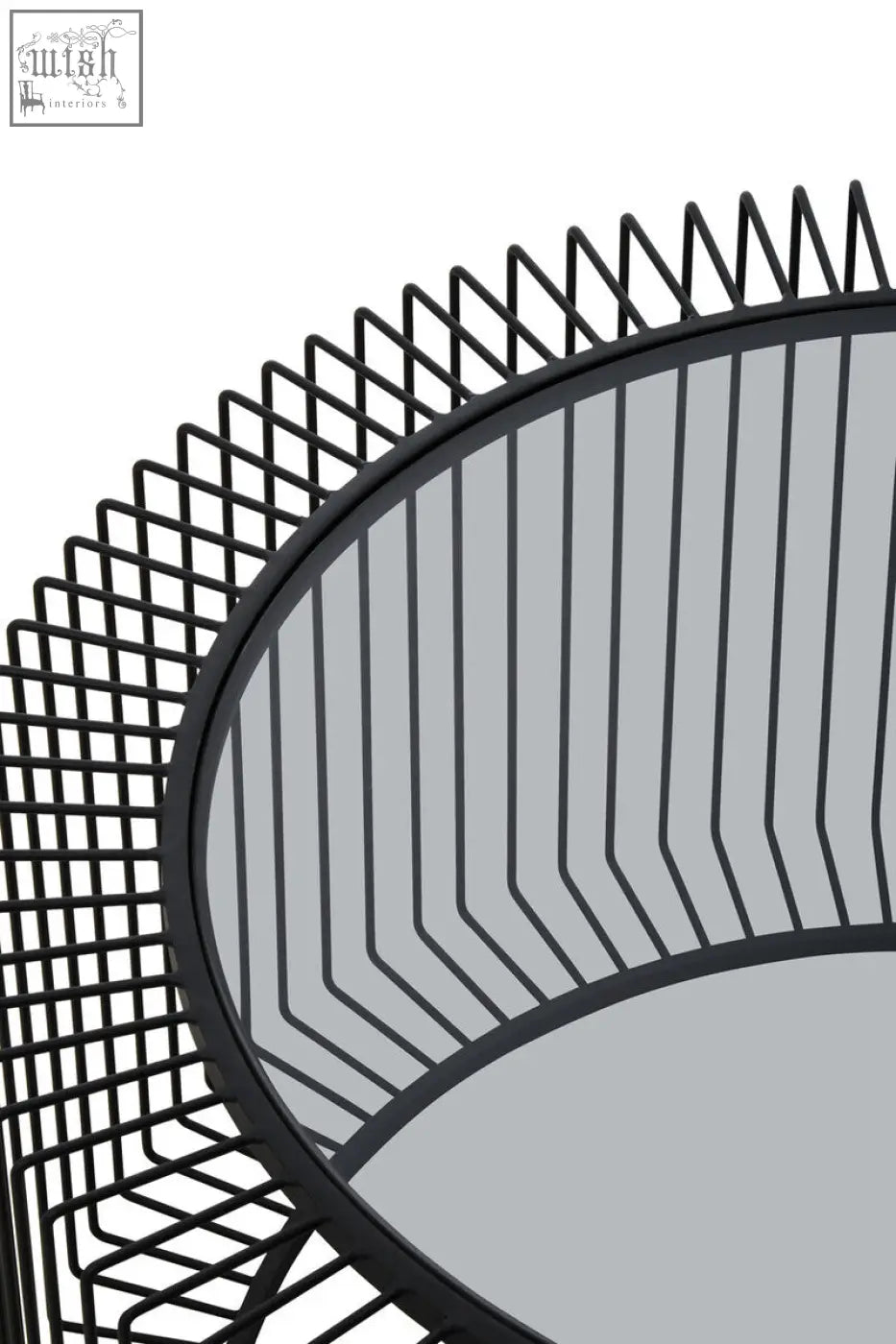 Black wireframe circular mirror with geometric mesh design complements the tempered glass top round coffee table base