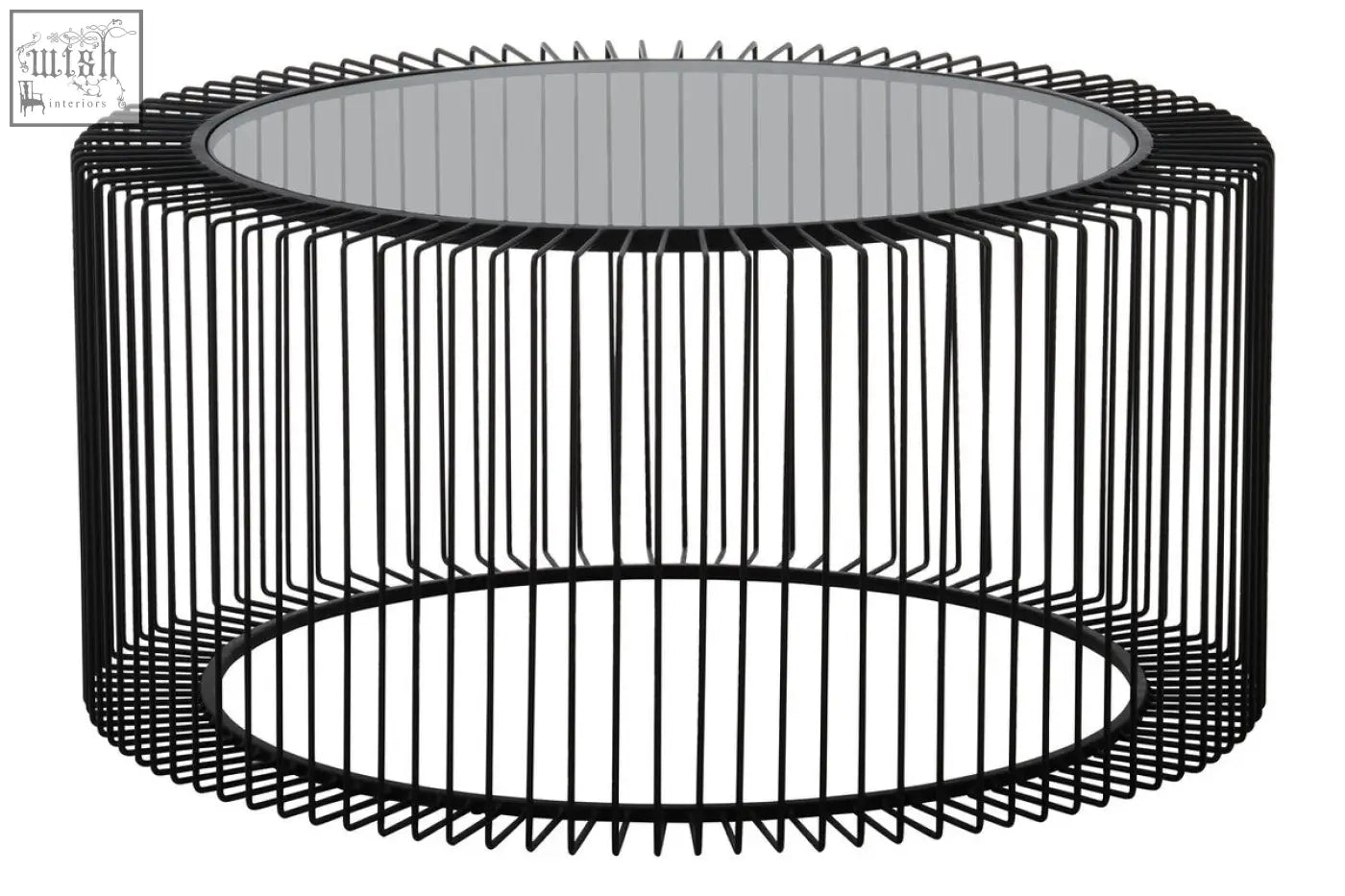 Black wireframe coffee table with tempered glass top and round coffee table design perfect for modern living rooms