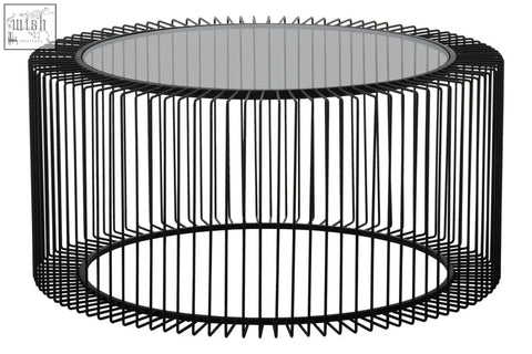 Black wireframe coffee table with tempered glass top and round coffee table design perfect for modern living rooms