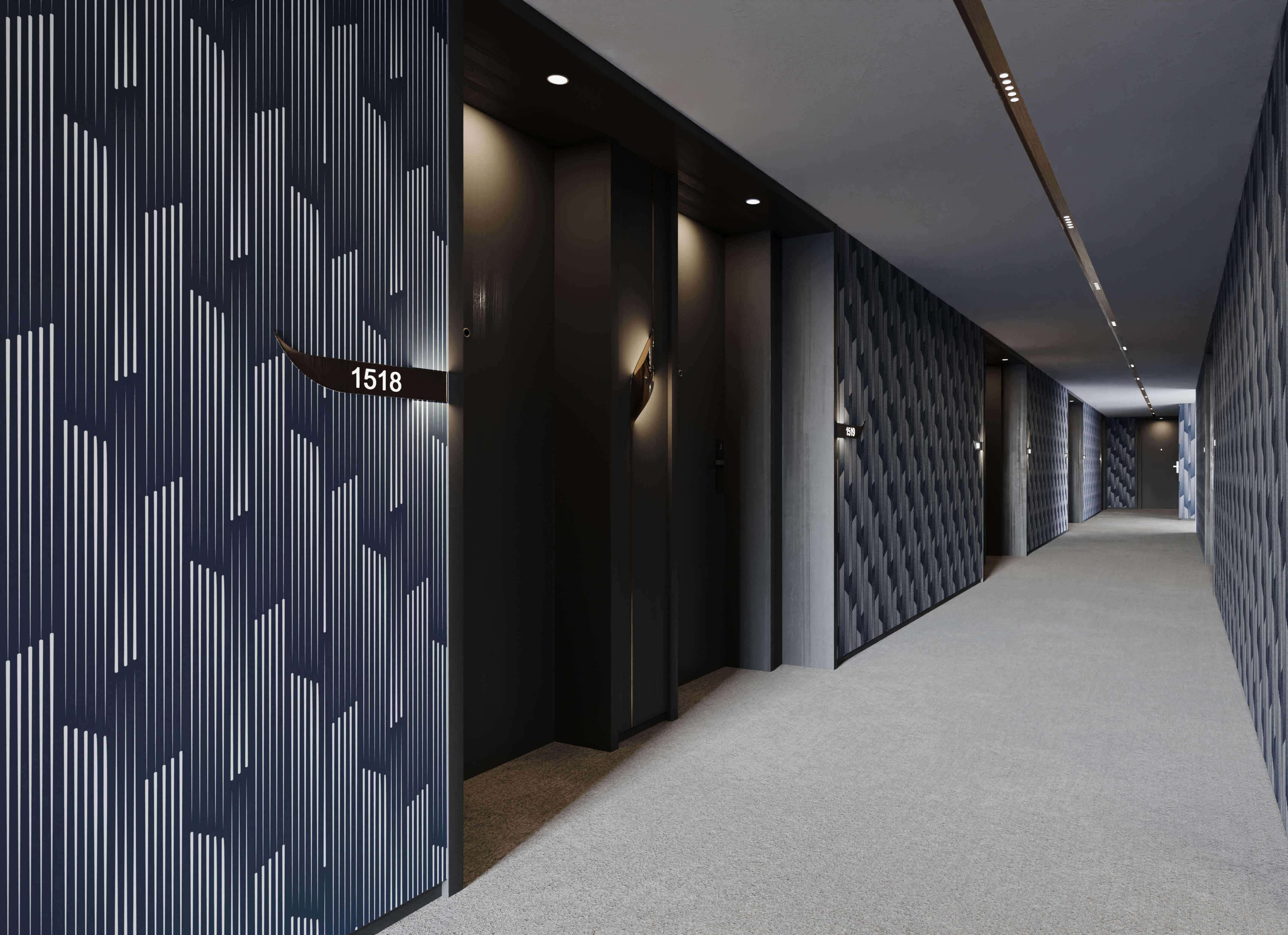 Tempest dark blue geometric wall panel with white vertical lines and black room number plaque 1518