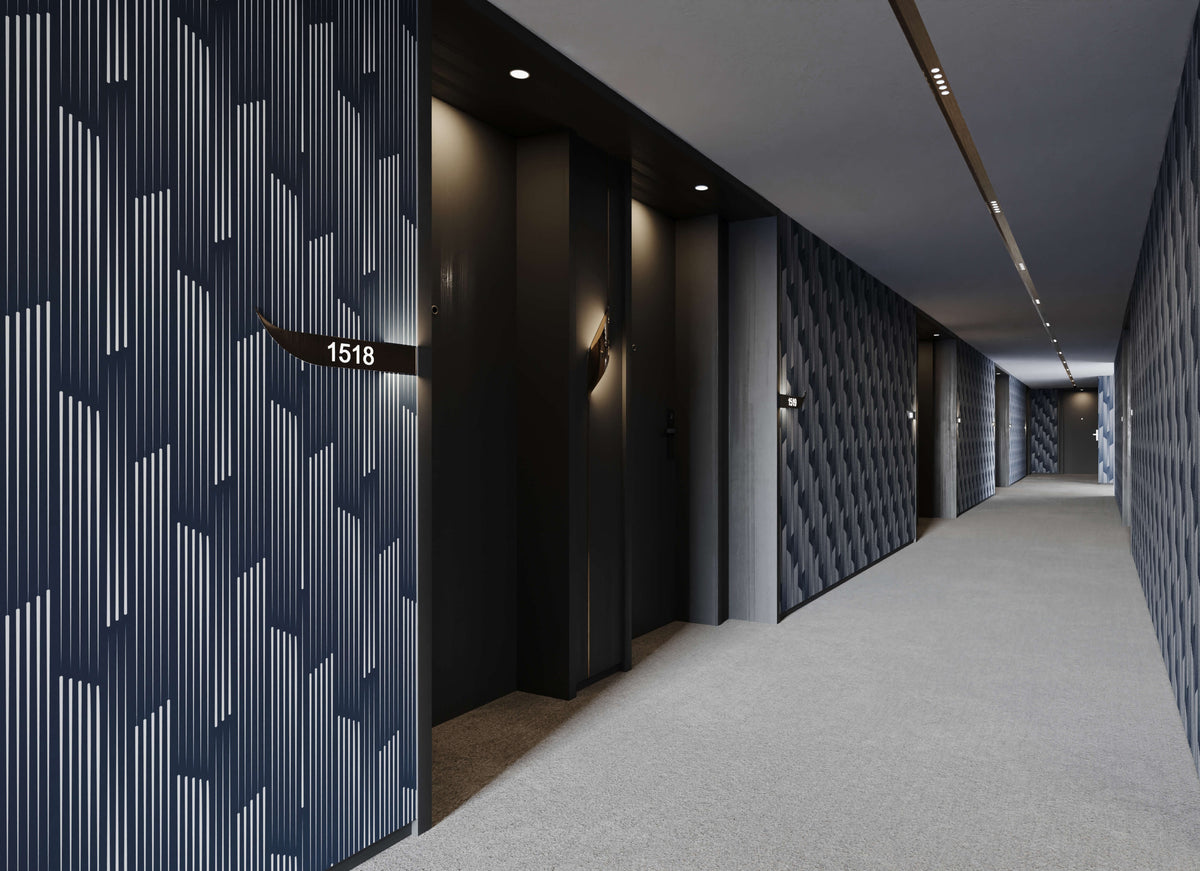 Tempest dark blue geometric wall panel with white vertical lines and black room number plaque 1518
