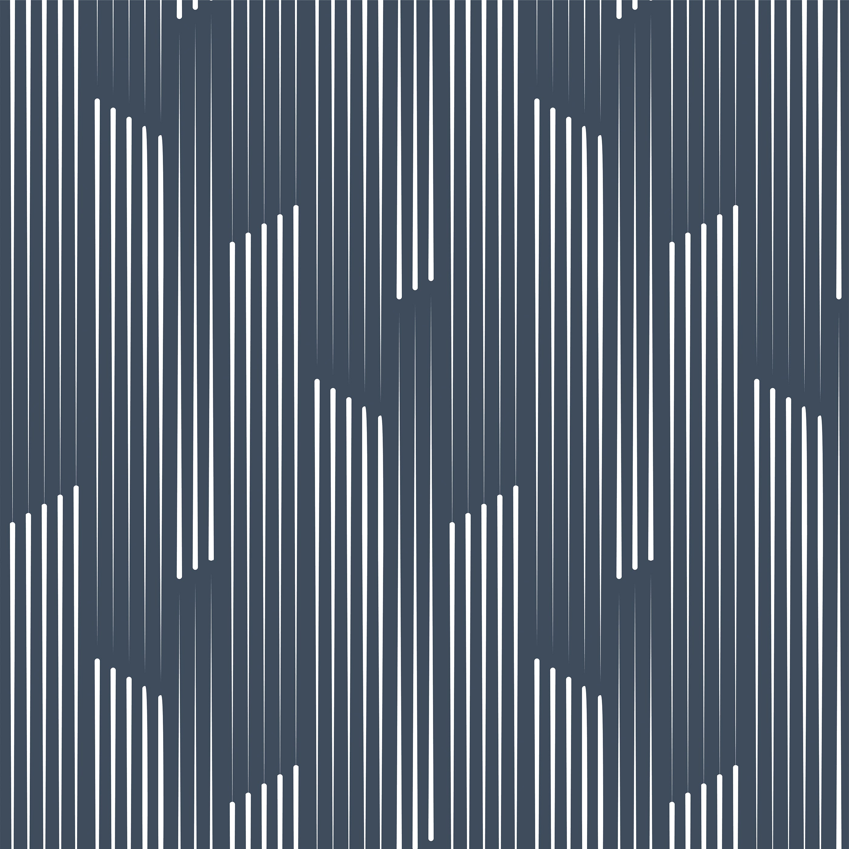 Tempest wallpaper with dark blue background and repeating white curved vertical lines for stylish wall decor