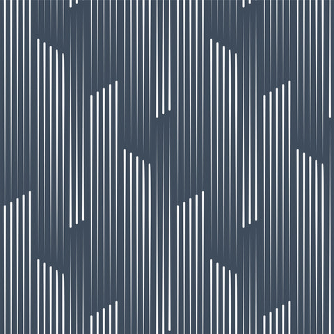 Tempest wallpaper with dark blue background and repeating white curved vertical lines for stylish wall decor