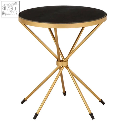 Templar black marble top side table with gold metal frame and tapered legs with black caps and black marble top
