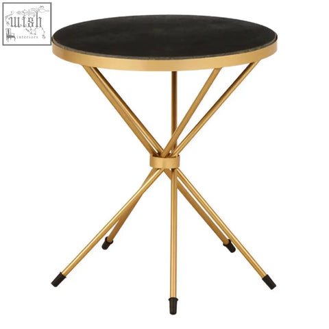 Gold-finished metal templar black marble side table with a sleek black round top perfect for any room