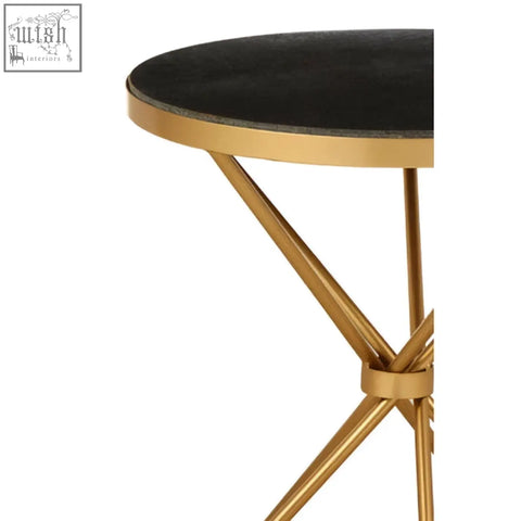 Templar black marble top side table with black velvet round surface and gold metal x-shaped legs