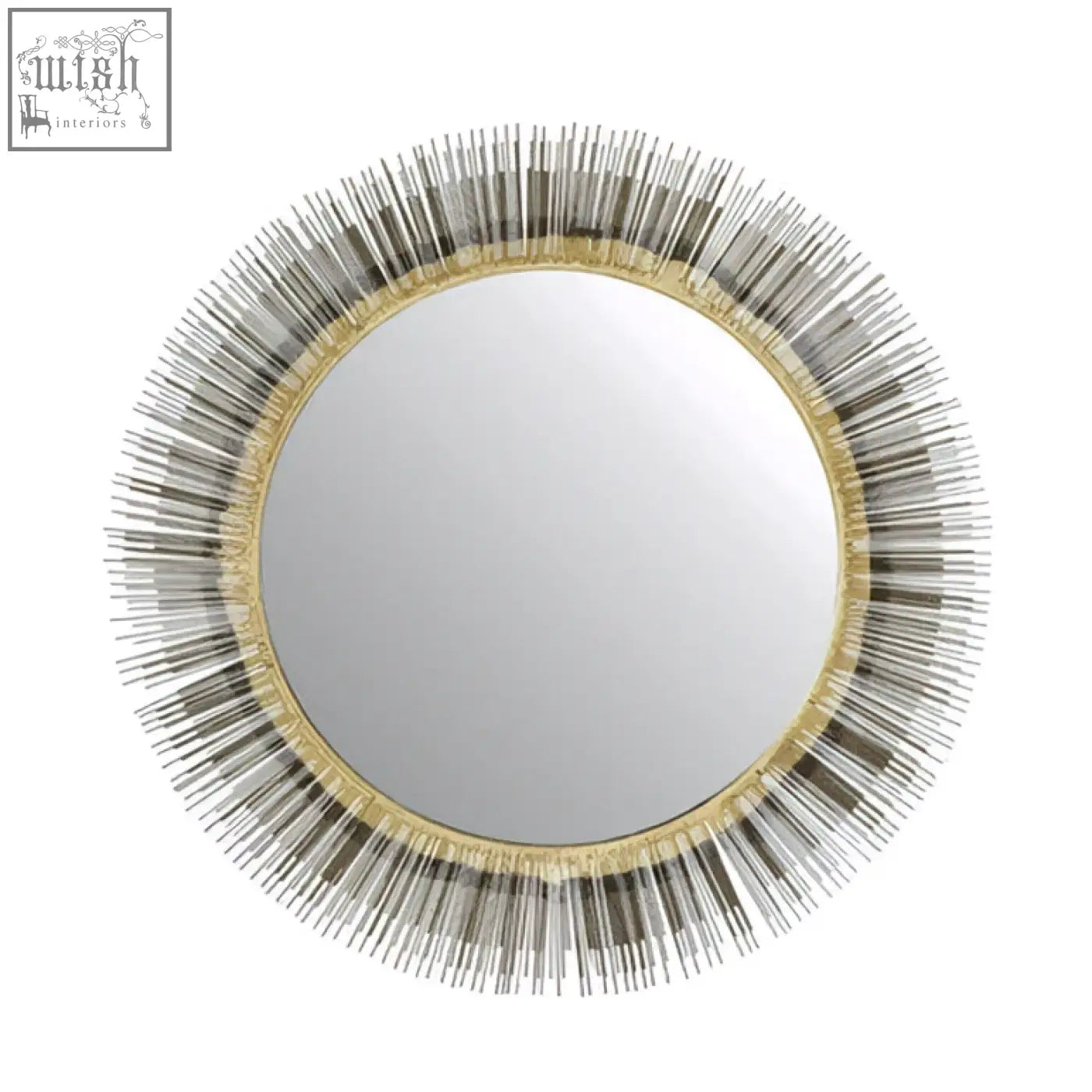Templer brass finish wall mirror with a sunburst design featuring gold and silver metallic rods and an ornate border