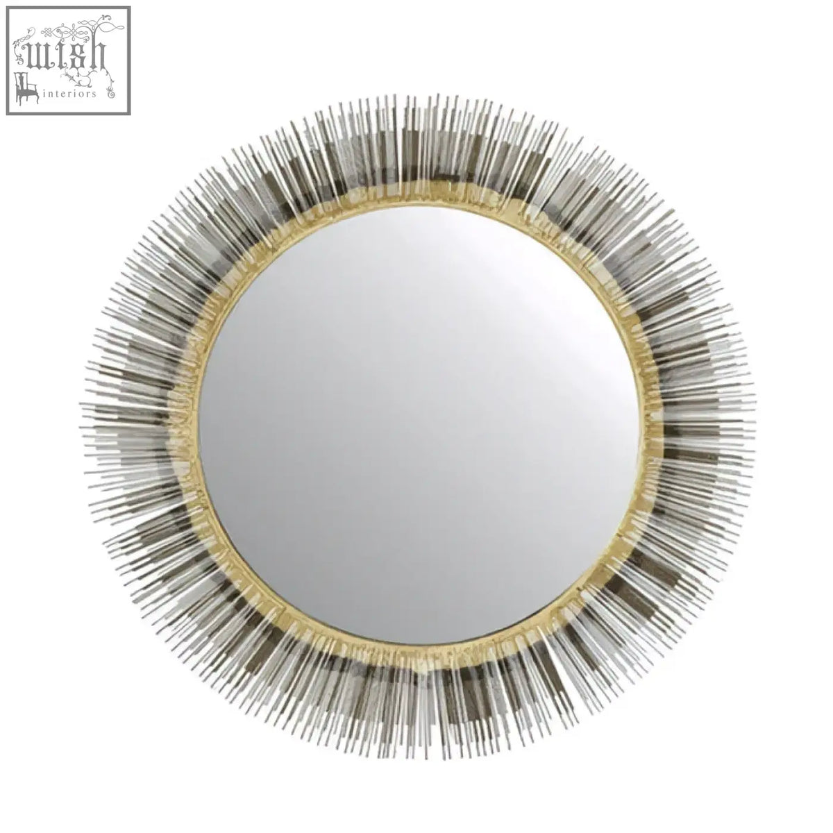 Templer brass finish wall mirror with a sunburst design featuring gold and silver metallic rods and an ornate border