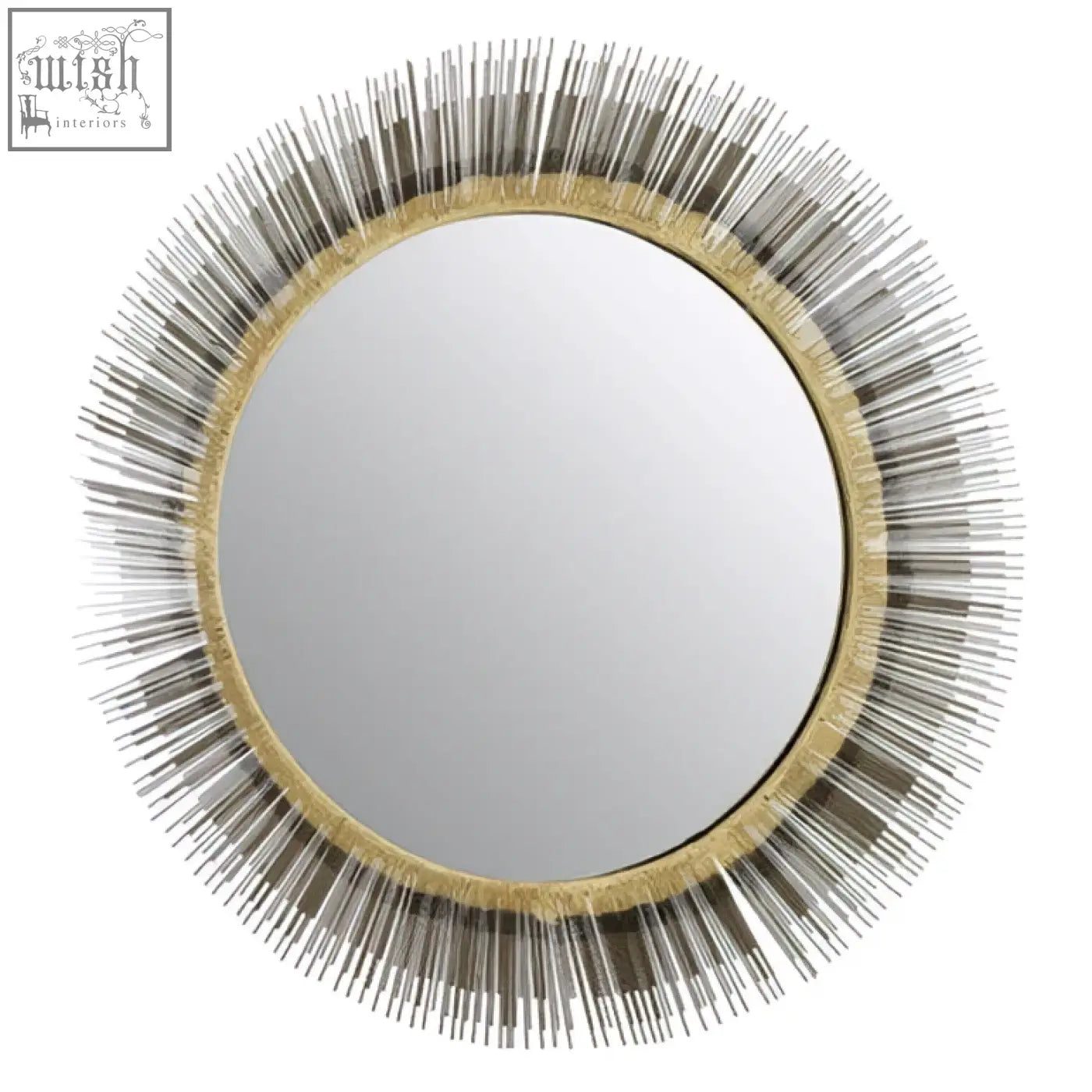 Templar brass finish wall mirror with a circular sunburst design and gold-toned frame featuring silver spikes