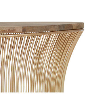 Curved wooden templar coffee table with natural finish and slender vertical rattan slats on the sides