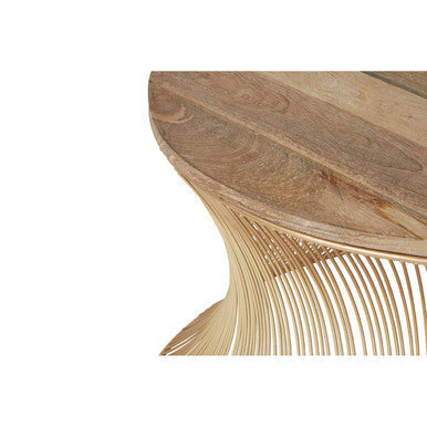 Curved wooden templar coffee table with natural finish and slender golden metal legs for stylish living spaces