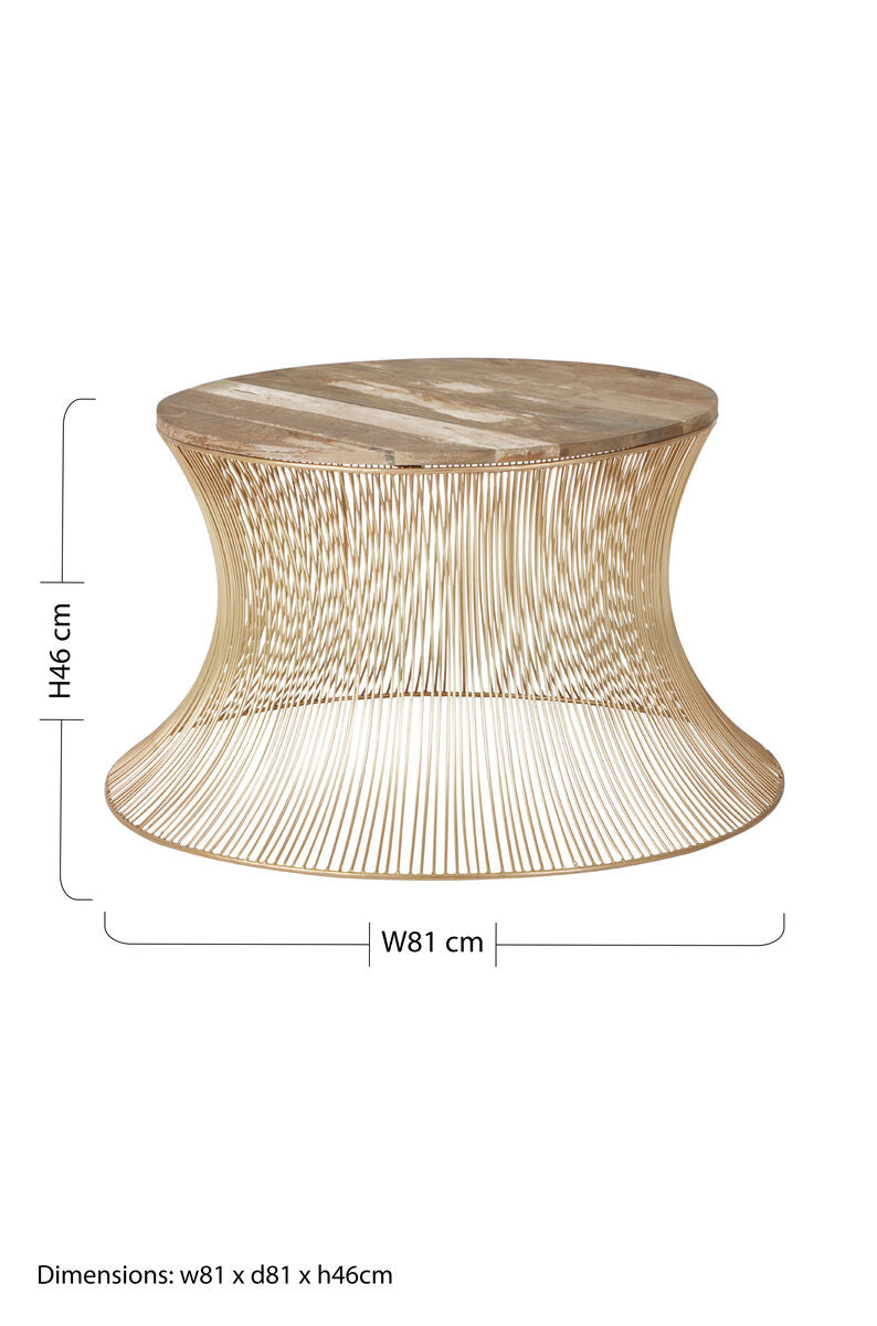 Gold-toned wireframe templar coffee table with rustic wooden top perfect for stylish living room decor