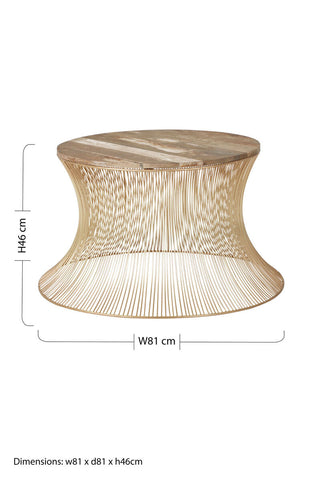 Gold-toned wireframe templar coffee table with rustic wooden top perfect for stylish living room decor