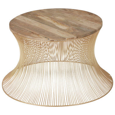 Templar coffee table with a natural wood top and gold metal base featuring intricate curved wire design