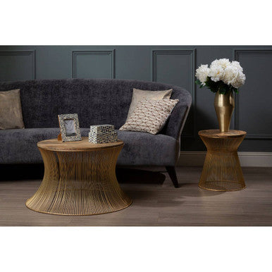 Woven rattan templar coffee table with natural wood finish and flared tiered base for stylish living rooms