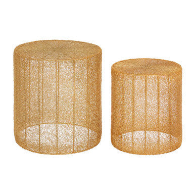Temple gold finish mesh set of 2 round side tables in gold with vertical ribbed woven cylindrical design