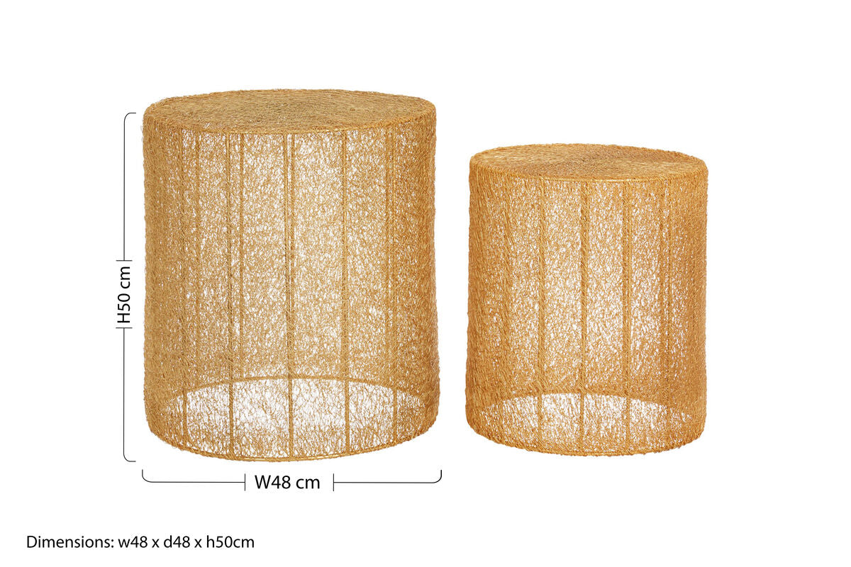 Templar gold finish mesh set of 2 round side tables with gold finish mesh and textured woven cylindrical design