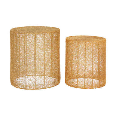Templar gold finish mesh set of 2 round side tables with gold woven fiber texture and natural finish