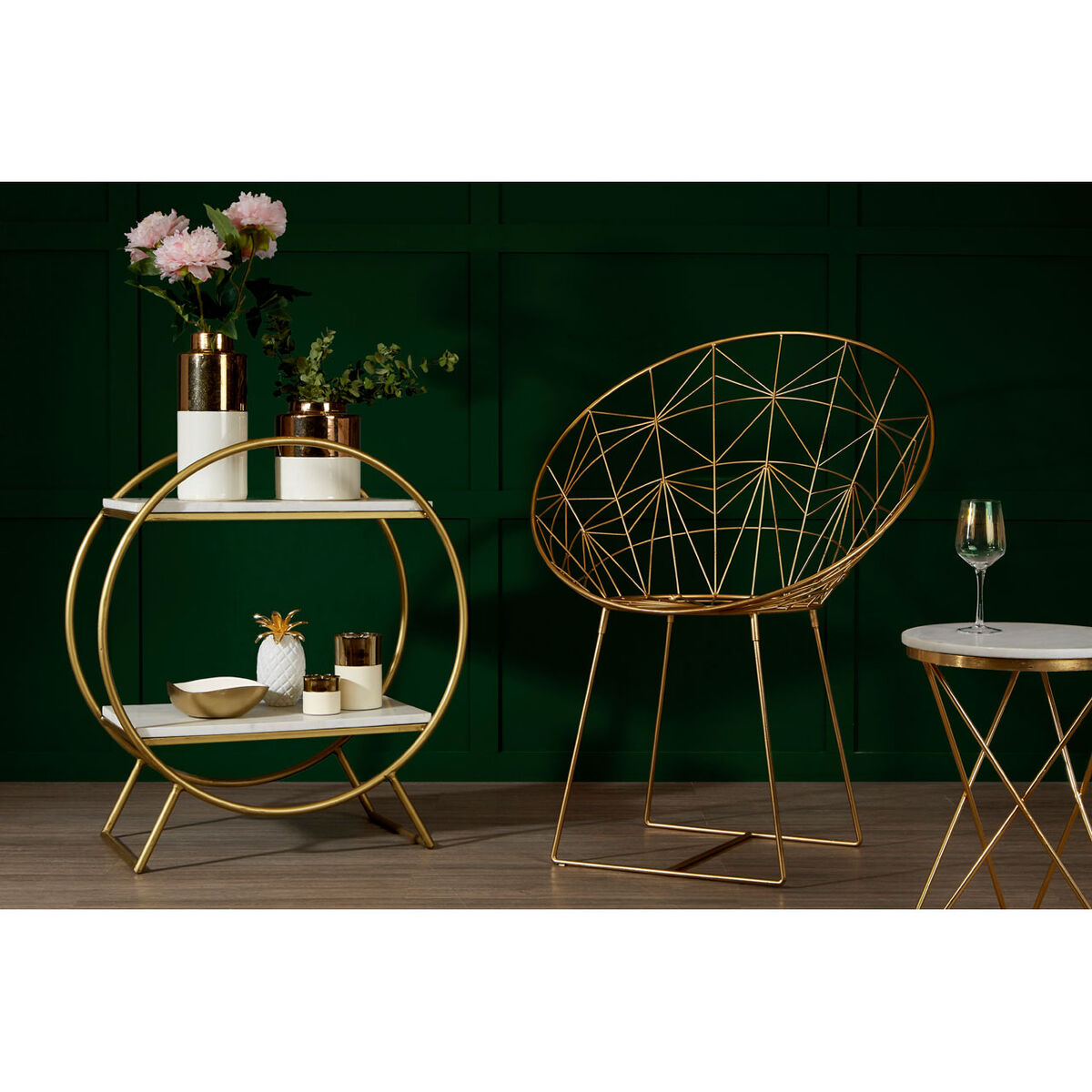 Templar gold frame occasional chair with gold wireframe geometric design and slender legs for a modern look