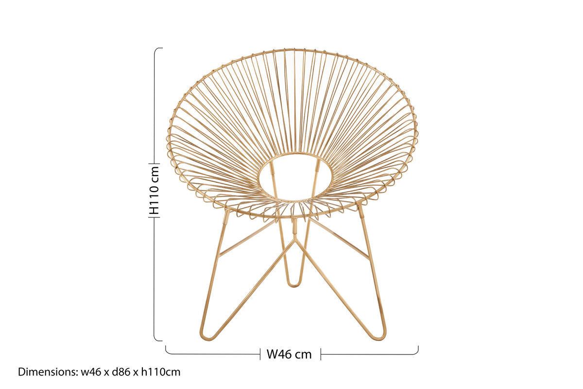 Templar gold wire frame occasional chair with a gold-colored wireframe and circular fan-like backrest shown from back side