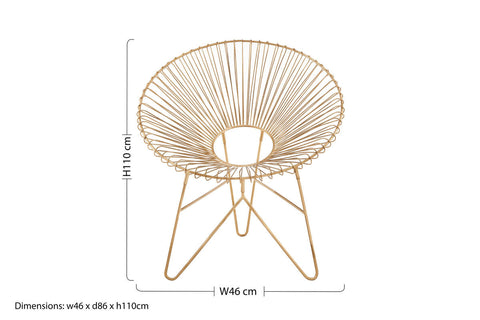Templar gold wire frame occasional chair with a gold-colored wireframe and circular fan-like backrest shown from back side