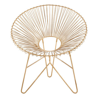 Temple gold wire frame occasional chair with gold-colored circular fan-like seat and three-legged base