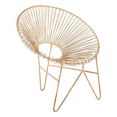 Temple gold wire frame occasional chair with gold-colored wireframe and circular fan-like backrest and slender legs