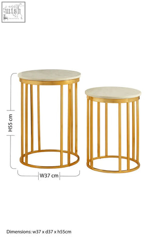 Templar marble and gold frame set of 2 side tables with gold frame and white marble tops in cylindrical design