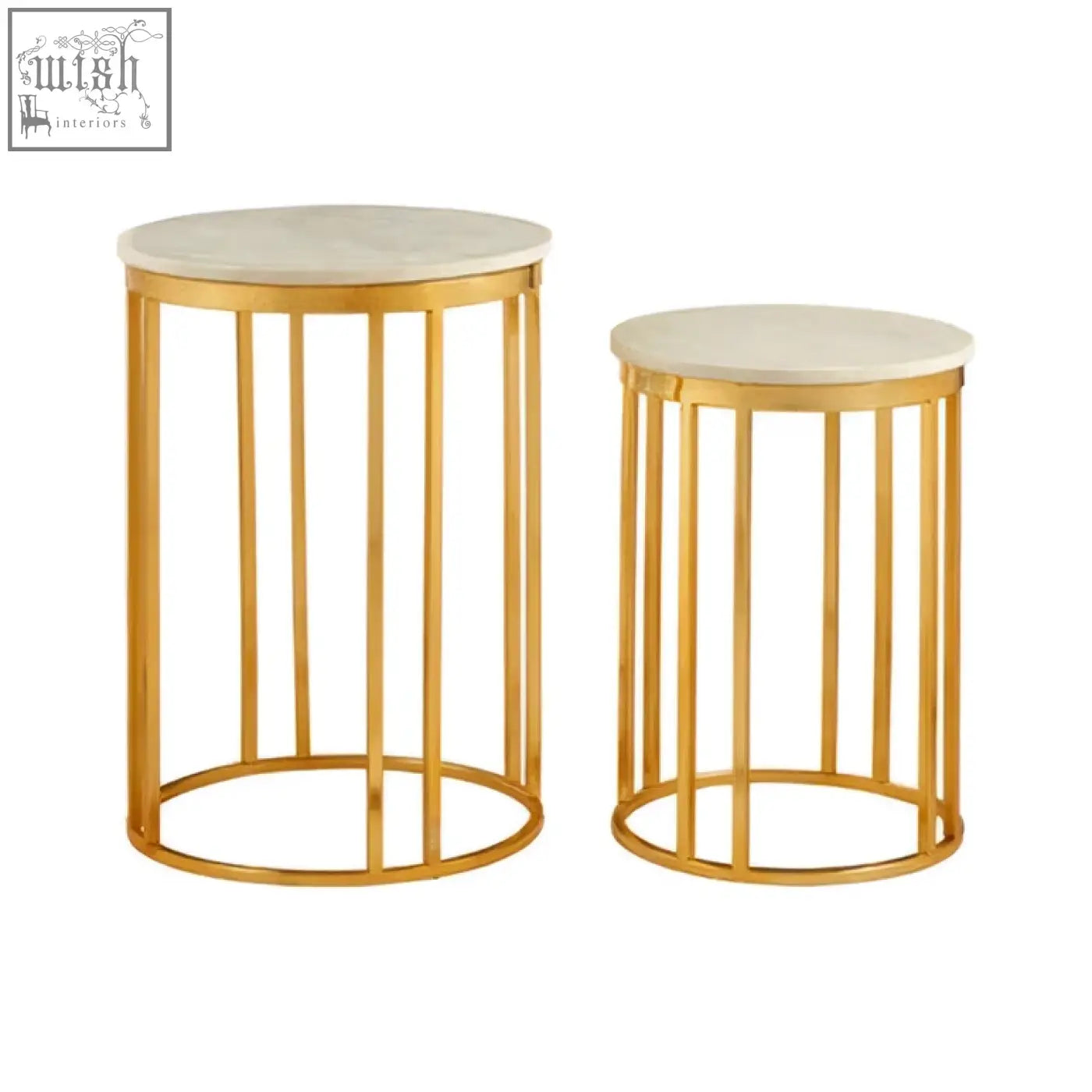 Templar marble and gold frame set of 2 side tables with white marble tops and a gold frame set design