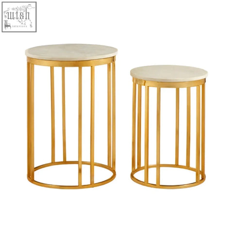 Templar marble and gold frame set of 2 side tables with white marble tops and a gold frame set design