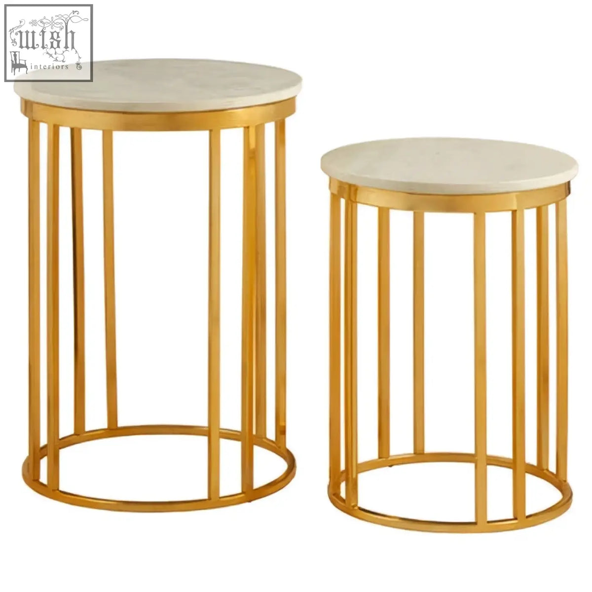Templar marble and gold frame set of 2 side tables with round white marble tops and gold frame set design