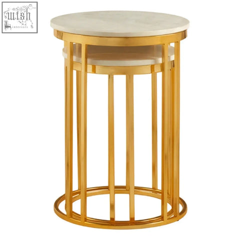 Templar marble and gold frame set of 2 side tables with gold frame set and smooth light marble tops