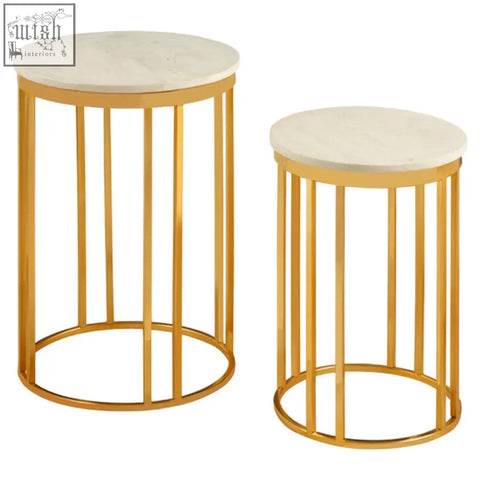 Templar marble and gold frame set of 2 side tables with gold frame and white marble tops for stylish living spaces