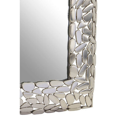Templar rectangular wall mirror with silver-toned frame of polished irregular stone pieces in a mosaic pattern